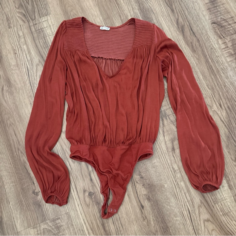 Free People Intimately Plunging Wrap Bodysuit Terra Cotta Red Long Sleeve Medium